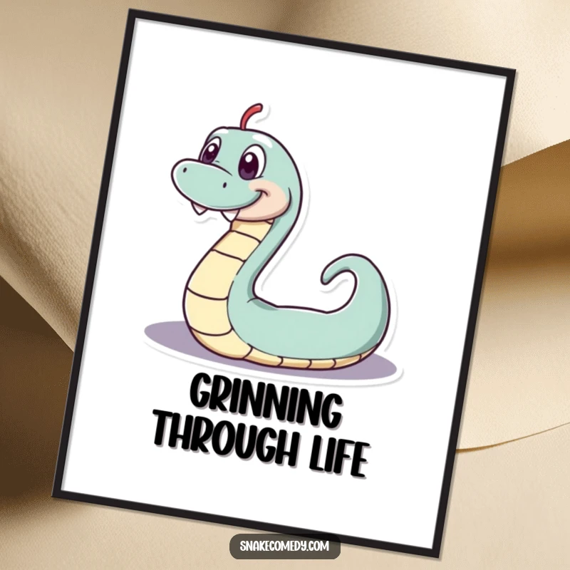 Funny serpentine poster, playful snake with a wide toothy grin wiggling in a loop, whimsical wall art, a funny gift.