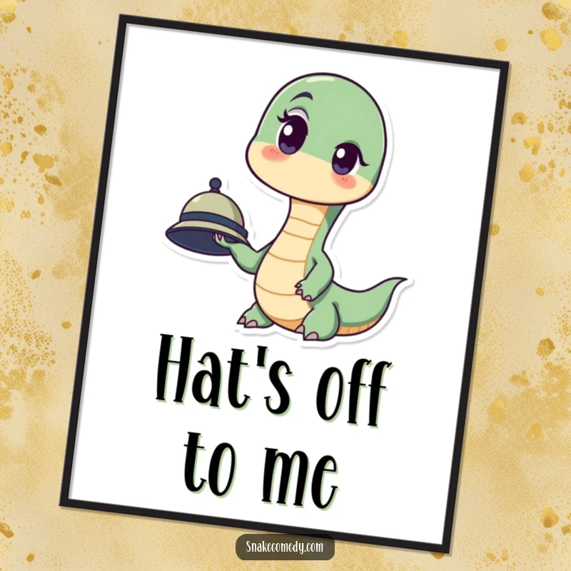 Funny poster capturing a snake's surprised expression, an eyebrow raised in disbelief, holding a tiny hat.