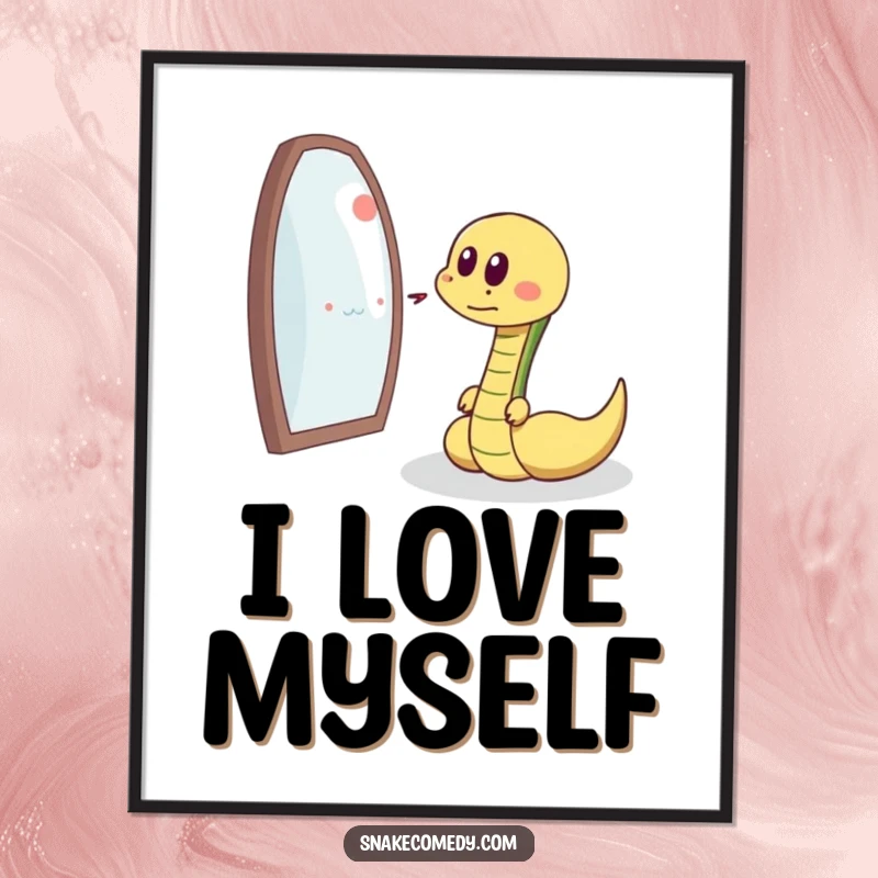 Funny snake chasing its reflection, delighted sigh, cartoon wall art, perfect humorous gift for decor.