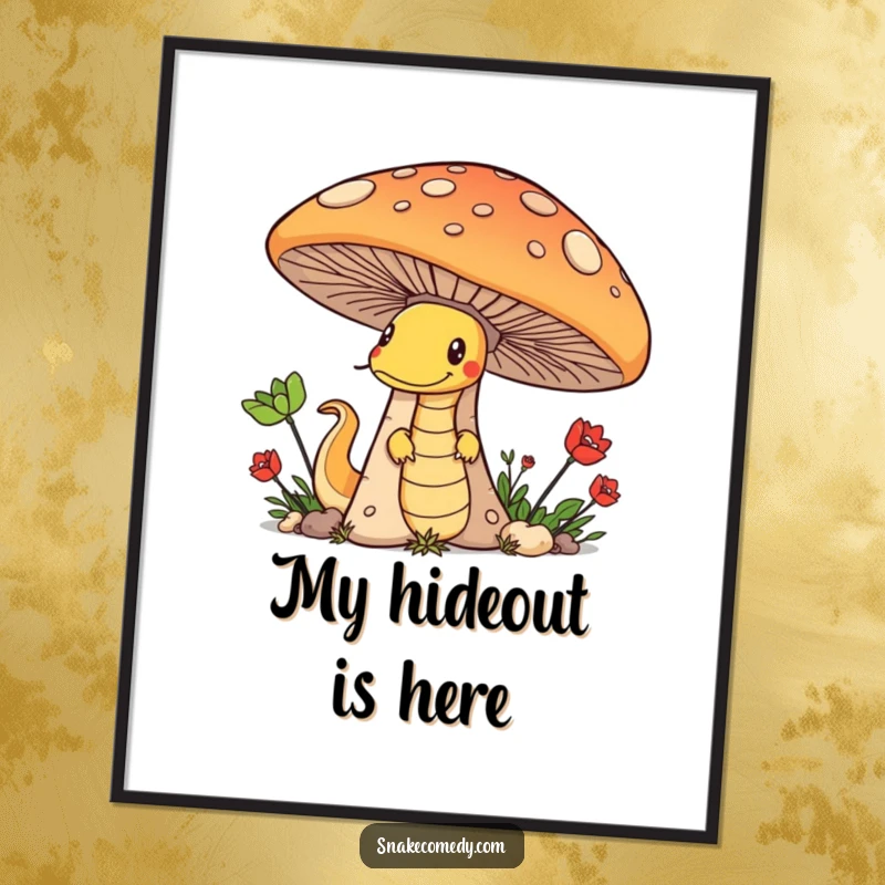 Funny poster art of a sly snake peeking from behind a giant mushroom, illustrating a moment of delightful mischief.