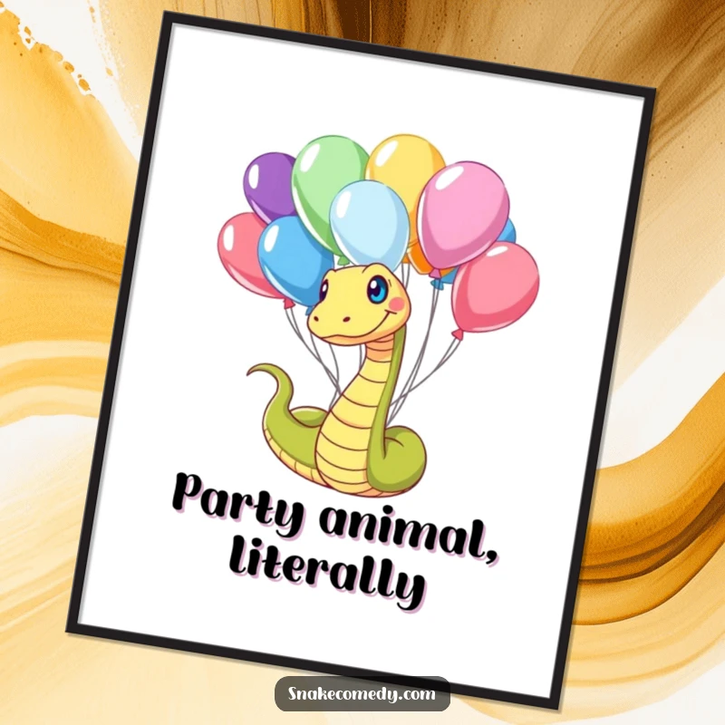 Funny Snake Poster: A smiling snake is playfully entangled in a cluster of brightly colored balloons, creating a joyful scene.