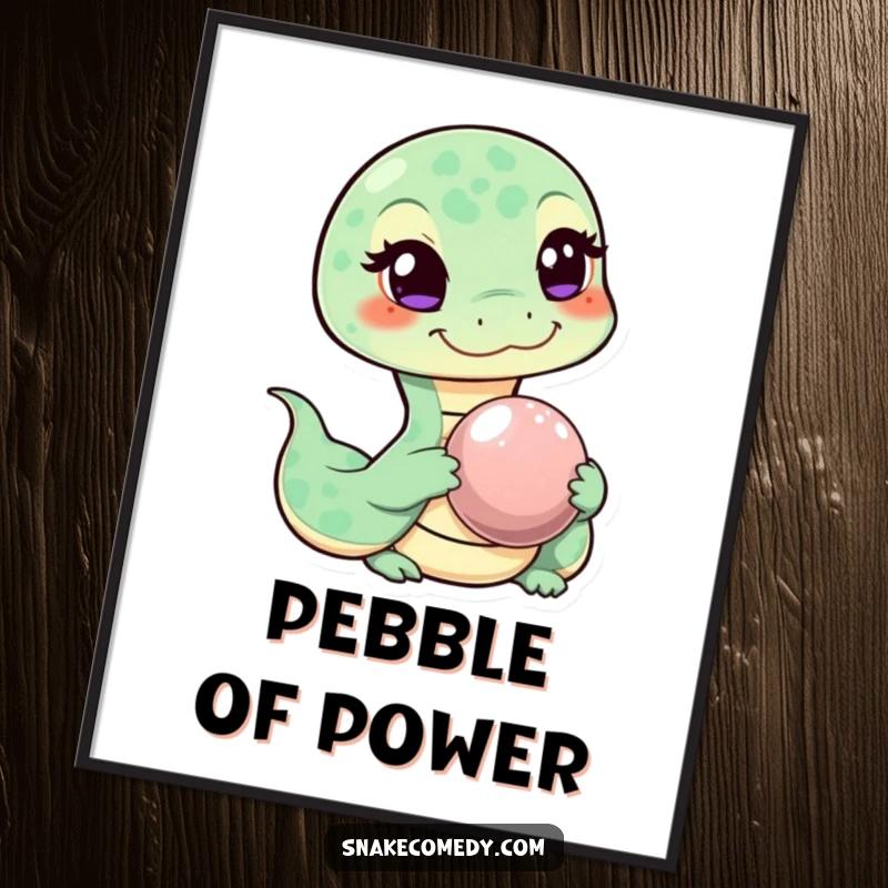 Funny poster showing a mischievous snake character winking while offering a shiny pebble, adding a touch of playful art.
