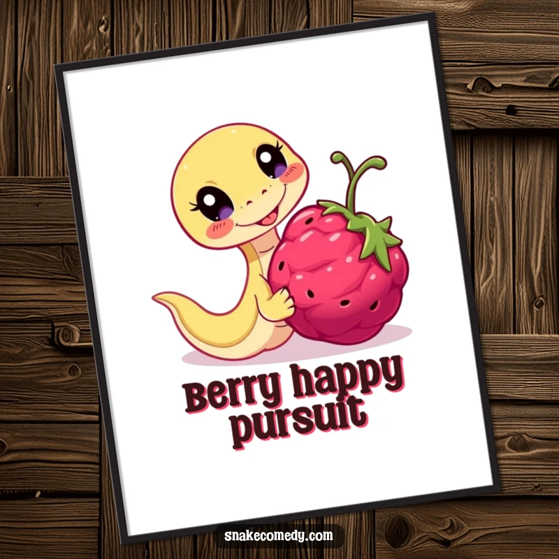 Funny Playful Snake Poster: serpent joyfully chasing a berry, embodying pure fun and energy.