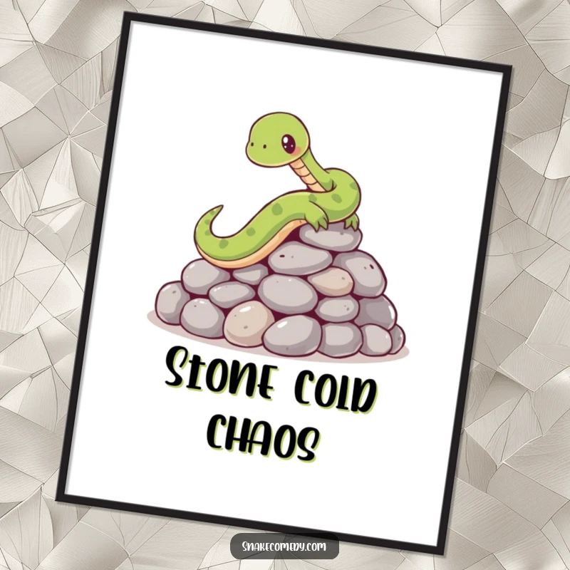 Funny poster print of a cartoon snake comically slipping on a pile of smooth, round stones, capturing a moment of surprise and silliness.