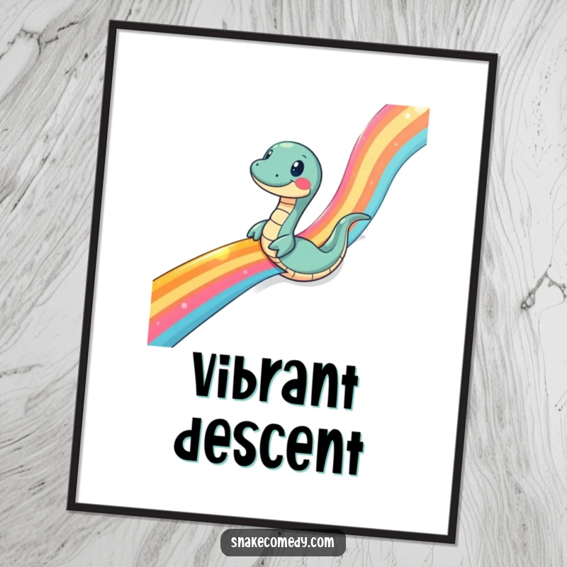 Funny snake poster, whimsical illustration of a snake comically sliding down a vibrant rainbow ribbon, cheerful wall art.