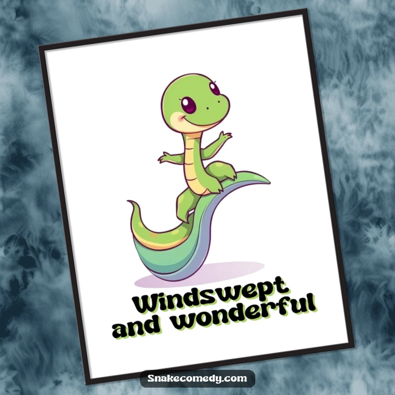 Funny poster art of a giddy snake character balancing on a whimsical, winding slide, creating a dynamic and humorous scene.