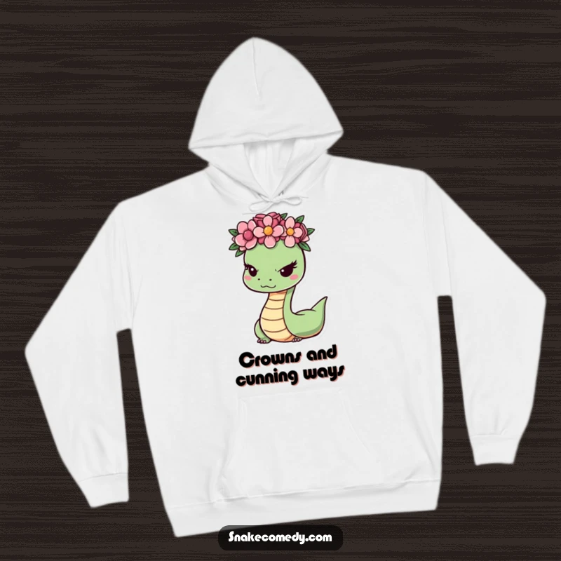 Funny snake wearing a vibrant flower crown, winking mischievously, featured on a cozy and humorous hoodie for ultimate comfort and style.