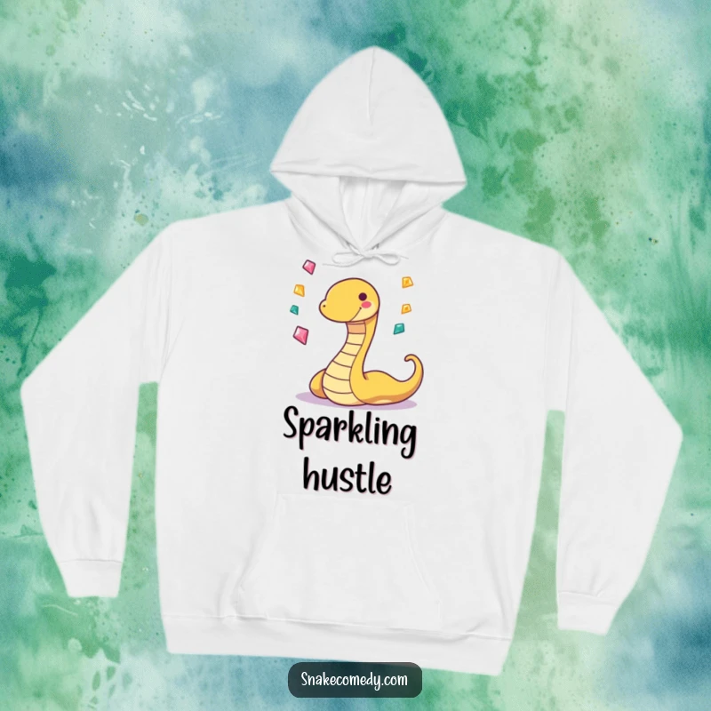 Funny hoodie depicting a playful, grinning snake character juggling three tiny, sparkling gems, offering warmth and amusing charm.