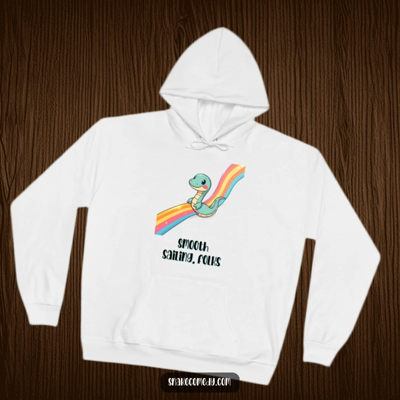 Funny snake hoodie, soft and warm, featuring a snake sliding down a rainbow ribbon, ideal for cheerful days.