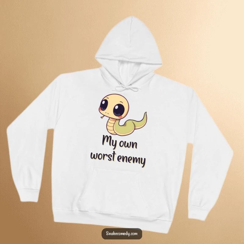 Funny snake with large, round eyes, humorously tripping over its tail, featured on a soft, warm, and funny hoodie.
