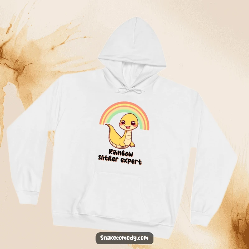 Funny snake hoodie showcasing a happy snake character slithering playfully down a rainbow, radiating cheer and warmth.