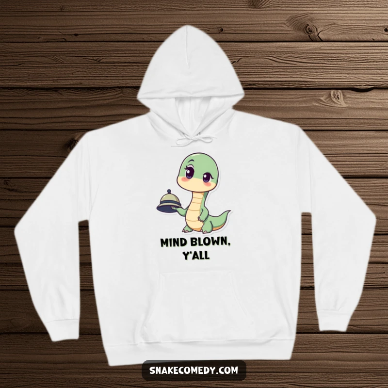 Funny hoodie showing a snake in mid-surprise, one eyebrow arched high, clutching a comically small hat.