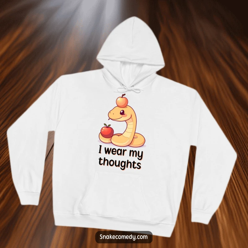 Funny hooded sweatshirt featuring a snake attempting to balance an apple on its head with intense concentration, a hilarious sight.
