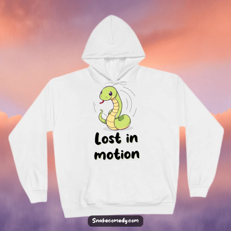 Funny snake hoodie depicting a snake playfully chasing its tail in a dizzying, circular motion, offering warm and humorous comfort.