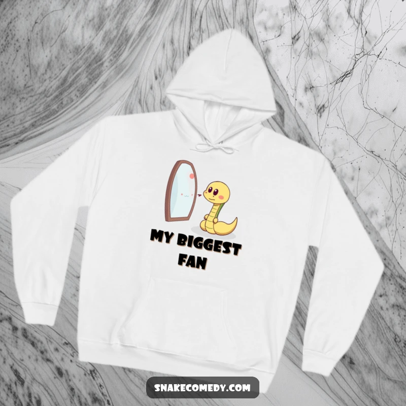 Funny snake chasing reflection, delighted sigh, warm cartoon hoodie, ideal funny gift for cozy days.