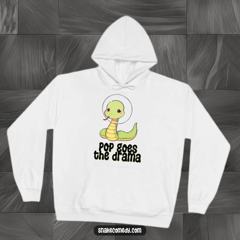 Funny snake blowing bubble, sassy tongue flick, warm cartoon hoodie, ideal funny gift for cozy days.