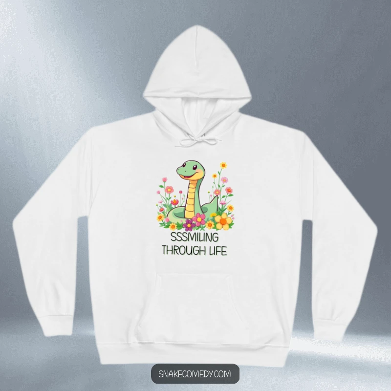 Funny Snake Flower Hoodie: A cozy hoodie with a happy snake slithering through a colorful flower field.