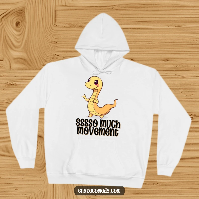 Funny snake hoodie featuring a happy serpent doing a fun wiggle dance, its body in motion, perfect for cozy, playful moments.