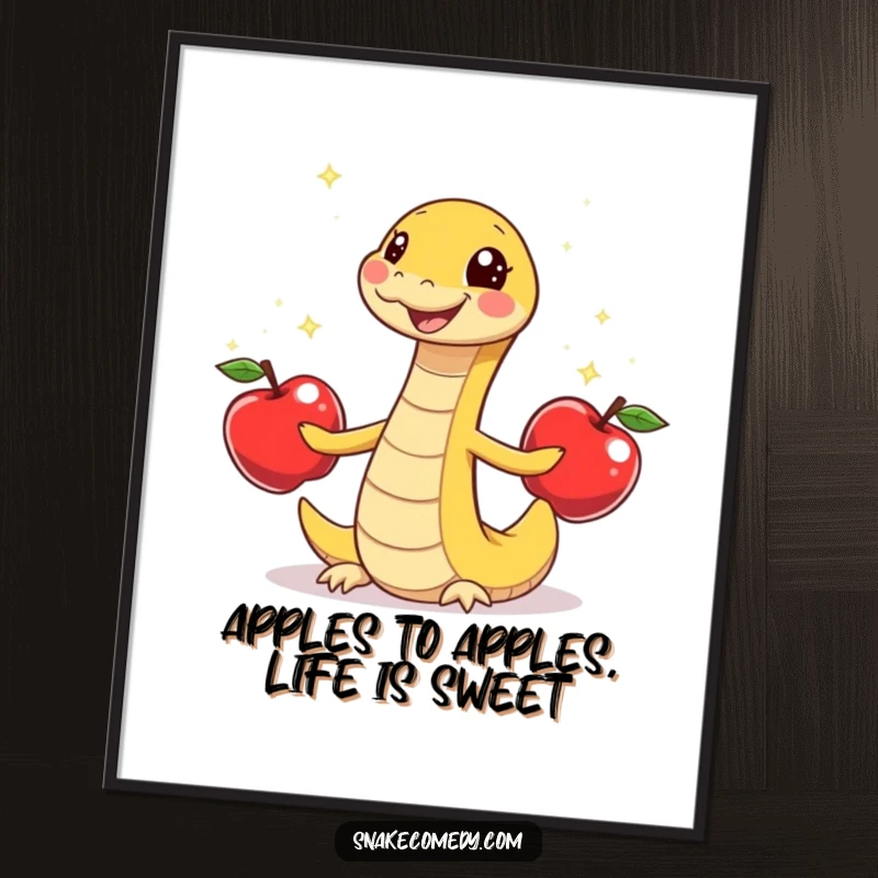 Funny Free Printable Wall Art of a snake gleefully juggling three sparkly apples, showcasing skill and joy.