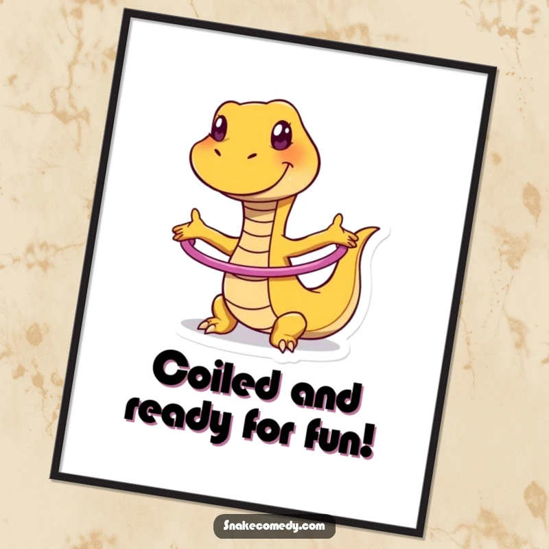 Funny Free Printable Wall Art: A snake with a huge grin, energetically hula hooping, bringing joy and movement to your decor.