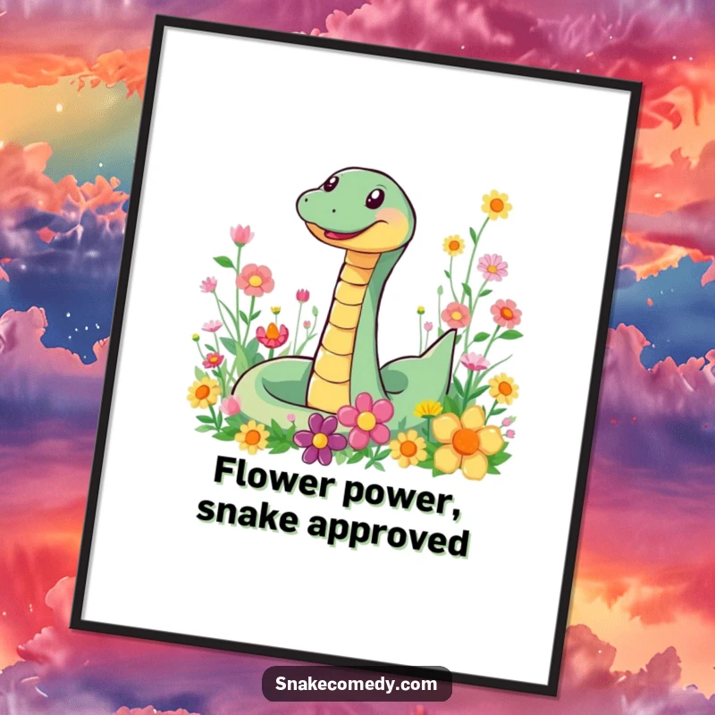 Funny Free Printable Wall Art: A smiling snake joyfully slithering through a vibrant field of colorful flowers, radiating pure delight.