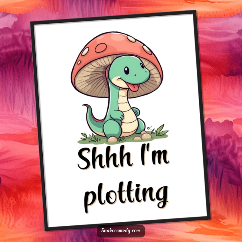Funny Free Printable Wall Art: A sneaky snake character with wide eyes peeks from behind a giant, magical mushroom.