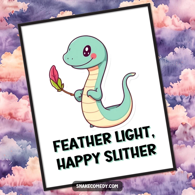 Funny Free Printable Wall Art of a slithering character with a happy sway, perfectly balancing a small, vibrant, colorful feather.