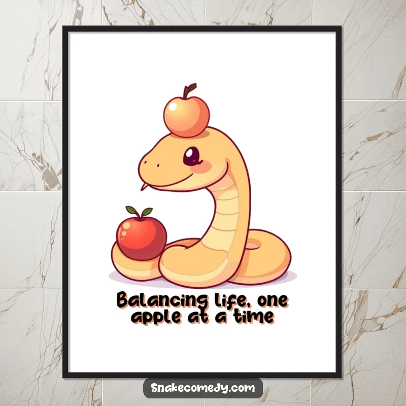 Funny Free Printable Wall Art: A snake with a shiny apple balanced on its head, looking hilariously focused and determined.