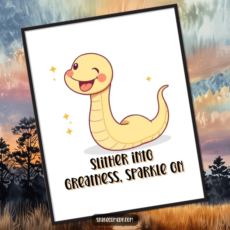 Funny Free Printable Wall Art: A joyful snake character joyfully slithers, leaving a trail of magical sparkles, perfect downloadable decor.
