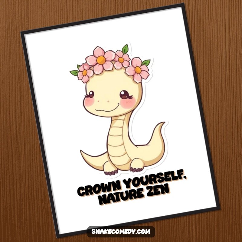 Funny Free Printable Wall Art: A snake character wearing a beautiful flower crown, looking both serene and cheerfully happy.