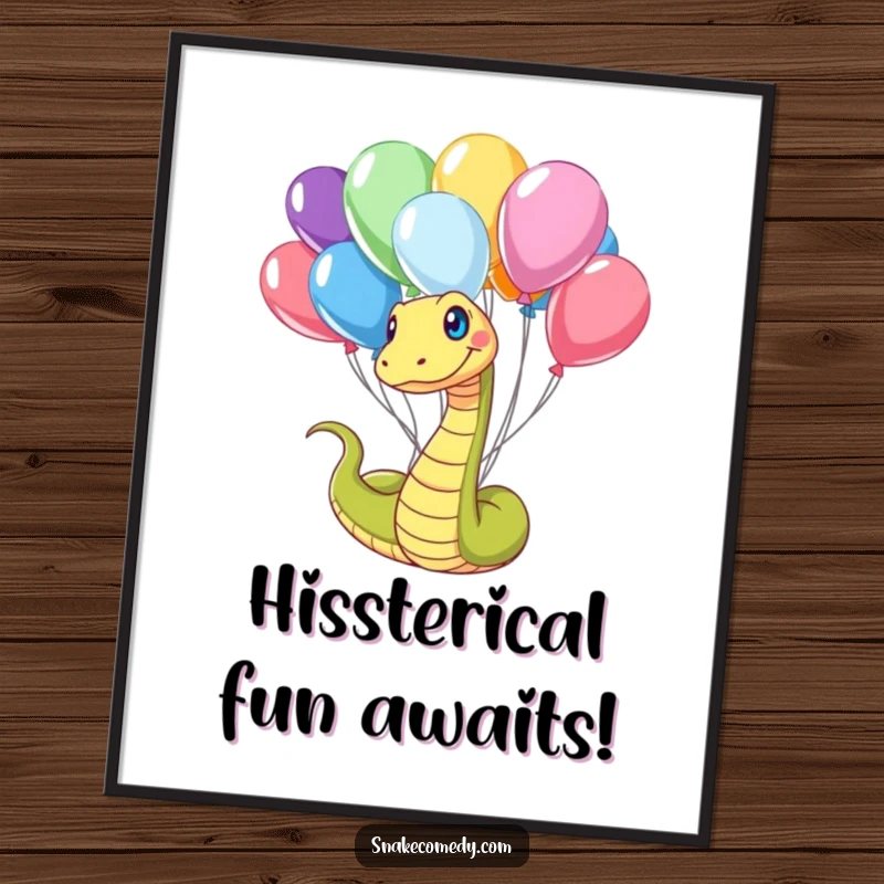 Funny Free Printable Wall Art: A cheerful snake playfully tangled in a bouquet of vibrant balloons, creating a whimsical and festive scene.