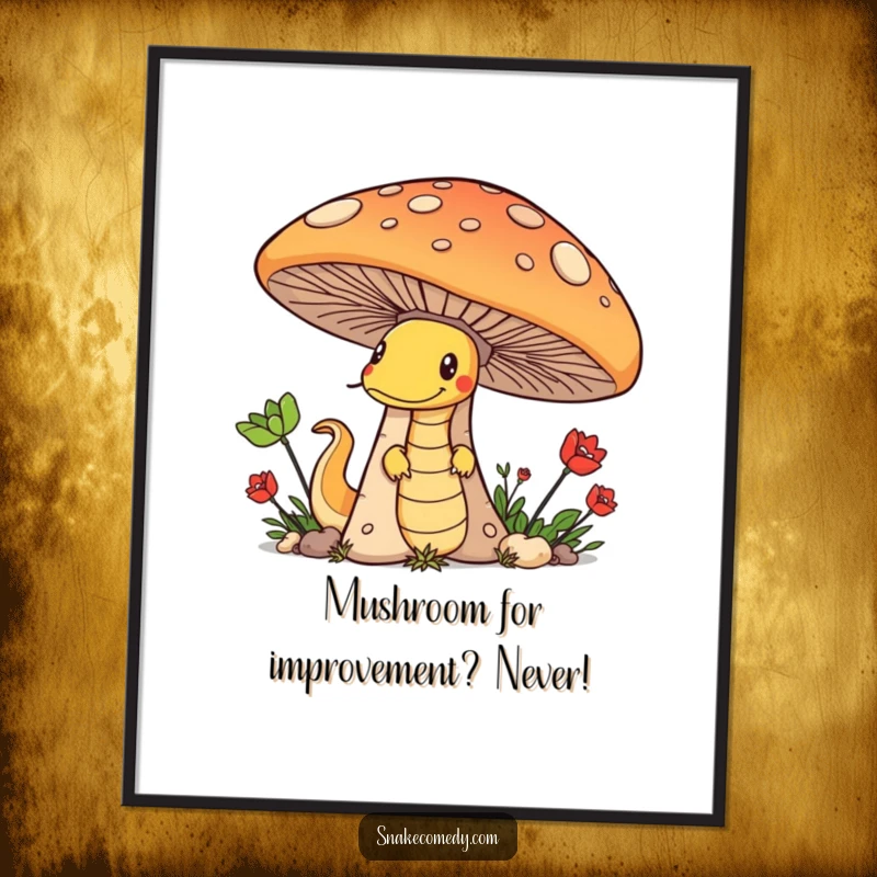 Funny Free Printable Wall Art: A mischievous snake peeks from behind a giant mushroom, with a sly expression.