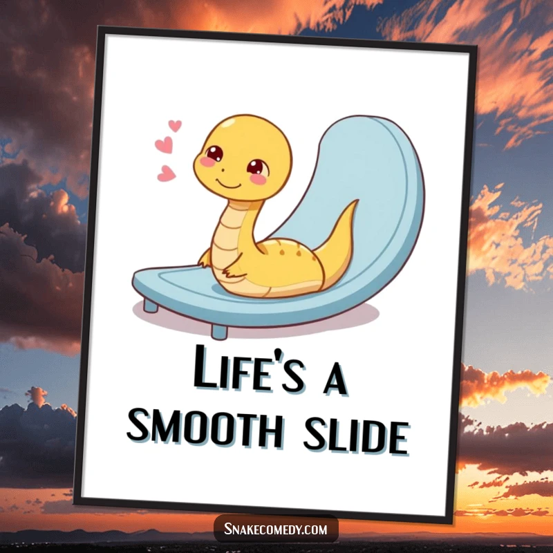 Funny Free Printable Wall Art: A coiled snake with a contented sigh after sliding down a smooth ramp, embodying relaxation.