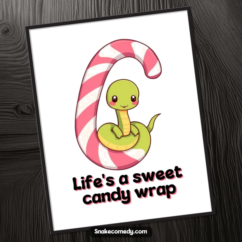 Funny Free Printable Wall Art: A happy snake unwinding from a giant striped candy cane, looking sweet and silly.