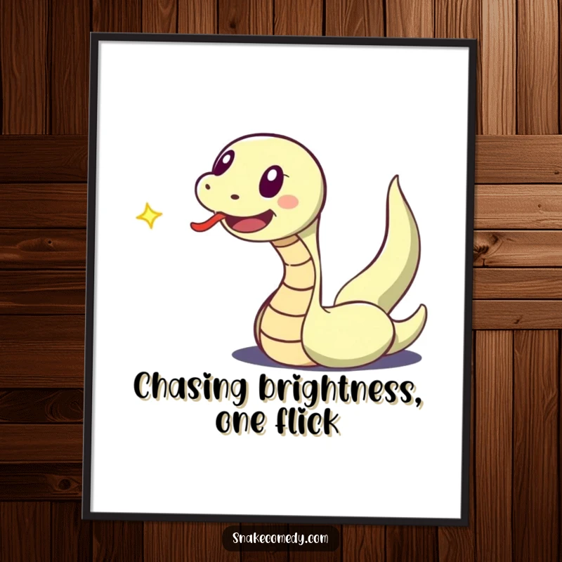 Funny Free Printable Wall Art: An excited snake's tongue flicks as it joyfully chases a dancing speck of light.