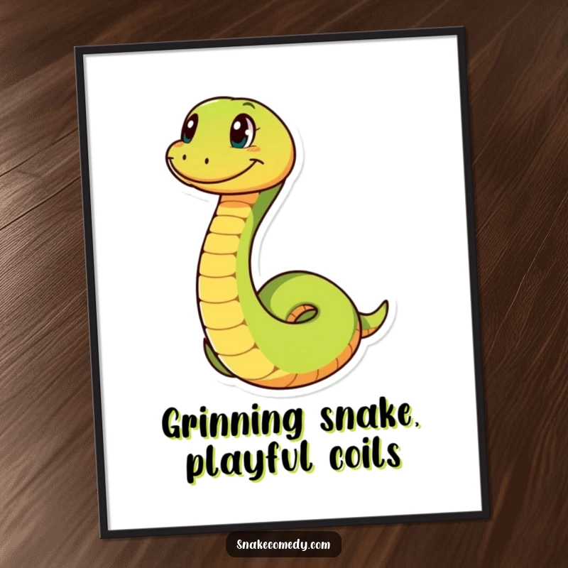 Funny Free Printable wall art of a snake character playfully twisting and turning with a wide, happy grin.