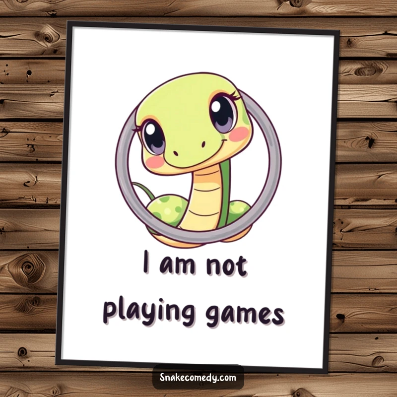 Funny Free Printable Wall Art of a kawaii snake with wide, curious eyes squeezing through a tiny hoop, a quirky downloadable.
