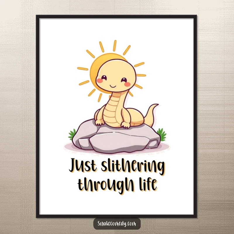 Funny Free Printable Wall Art: A contented snake smiling while sunning itself on a warm rock. Relaxing downloadable art.