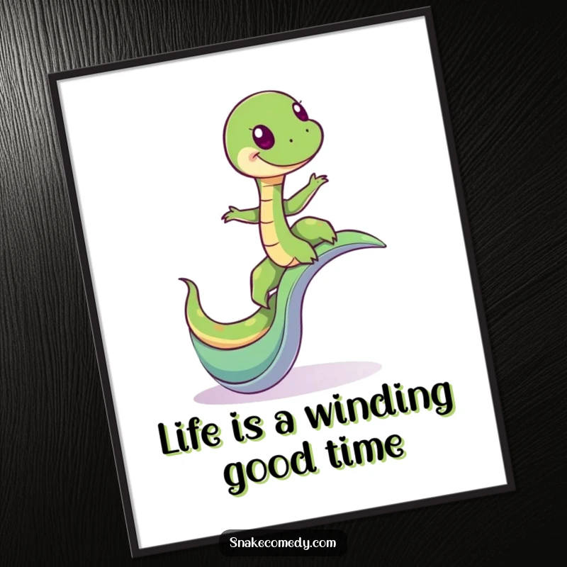 Funny Free Printable Wall Art: A giddy snake balances with pure joy on a creatively winding, whimsical slide, embodying fun.