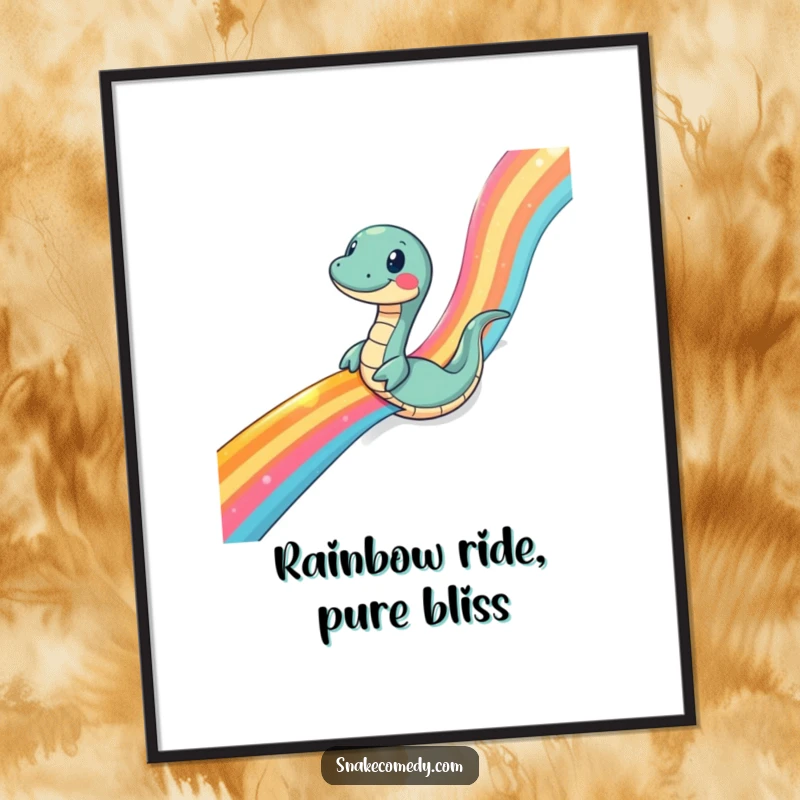 Funny Free Printable Wall Art: A snake comically slides down a shimmering rainbow ribbon, adding playful art.
