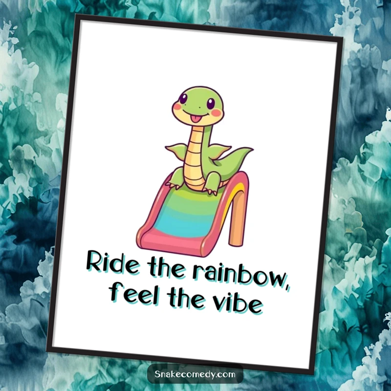 Funny Free Printable Wall Art of a snake happily sliding down a bright rainbow slide, adding a playful vibe.