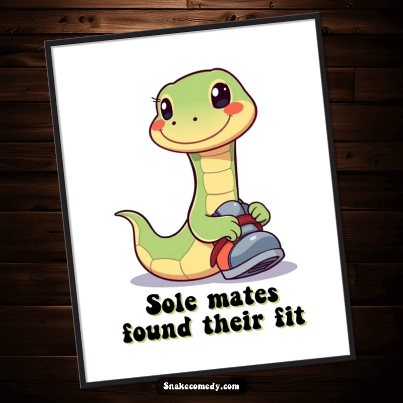 Funny Free Printable Wall Art: A snake with a wide smile playfully tries on a shoe.