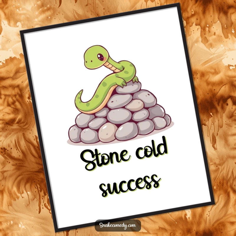 Funny Free Printable Wall Art: A comical snake character slipping and falling on a pile of smooth, round stones.