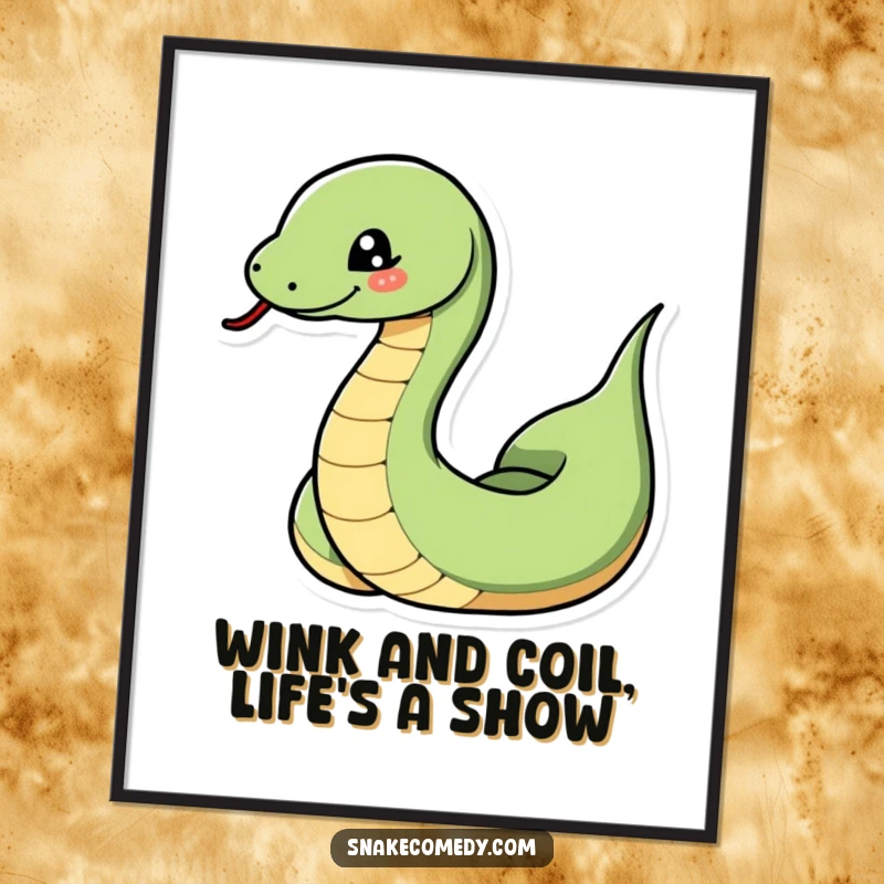 Funny Free Printable Wall Art depicting a snake dramatically coiling and uncoiling, finishing with a playful, winking expression.