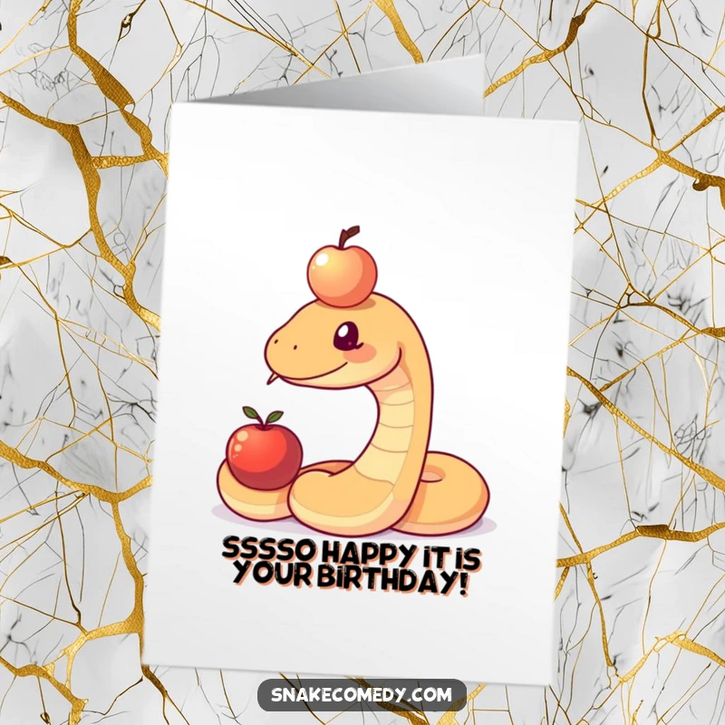 Funny Free Printable Birthday Card: Snake precariously balancing an apple on its head, looking determined but wobbly.