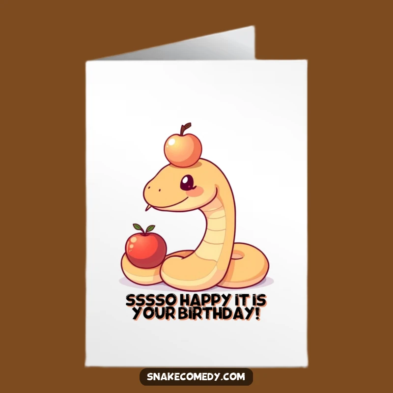 Free Printable Birthday Card: Funny Snake Balancing Apple, Hilarious Snake Birthday Downloadable Gift