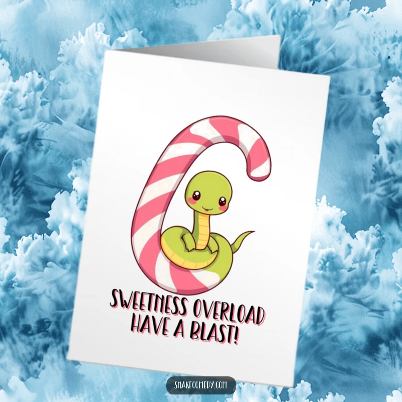 Funny Free Printable Birthday Card: Happy snake unwinding from a huge striped candy cane, expressing birthday joy.