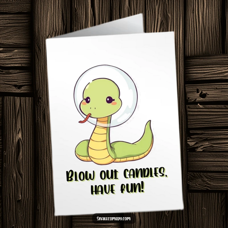Funny Free Printable Birthday Card showing a sassy snake blowing a giant bubble with a flick of its tongue, celebrating joyfully.