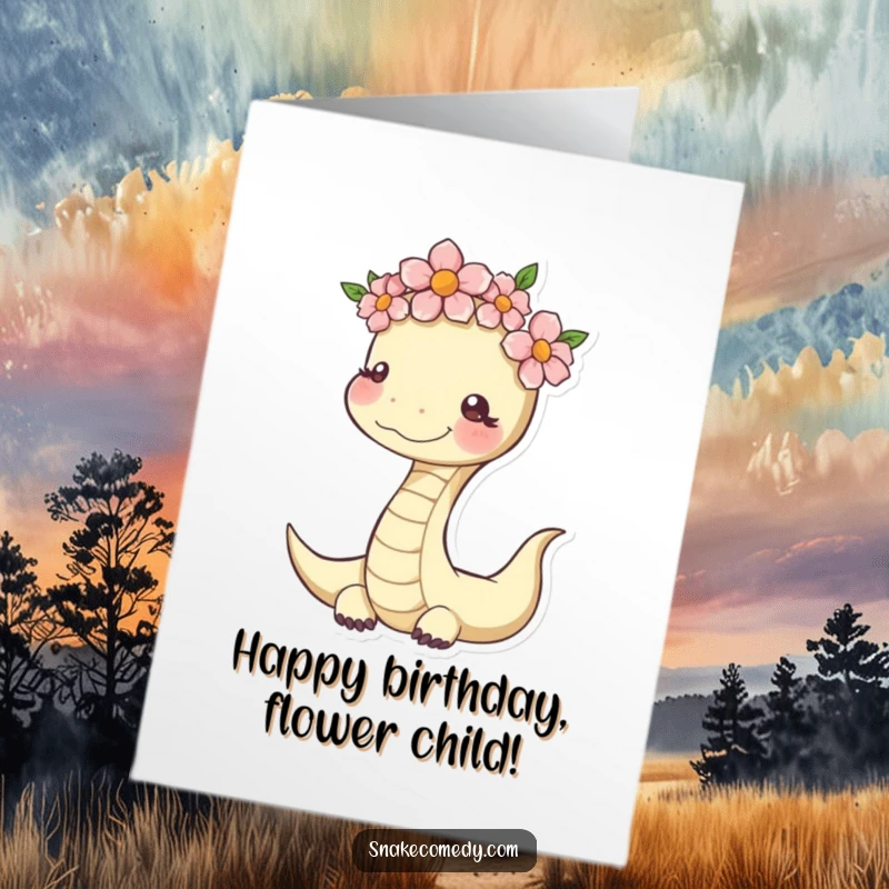 Funny Free Printable Birthday Card: Snake character wearing a delicate flower crown, exuding serenity and cheerfulness, a lovely download.