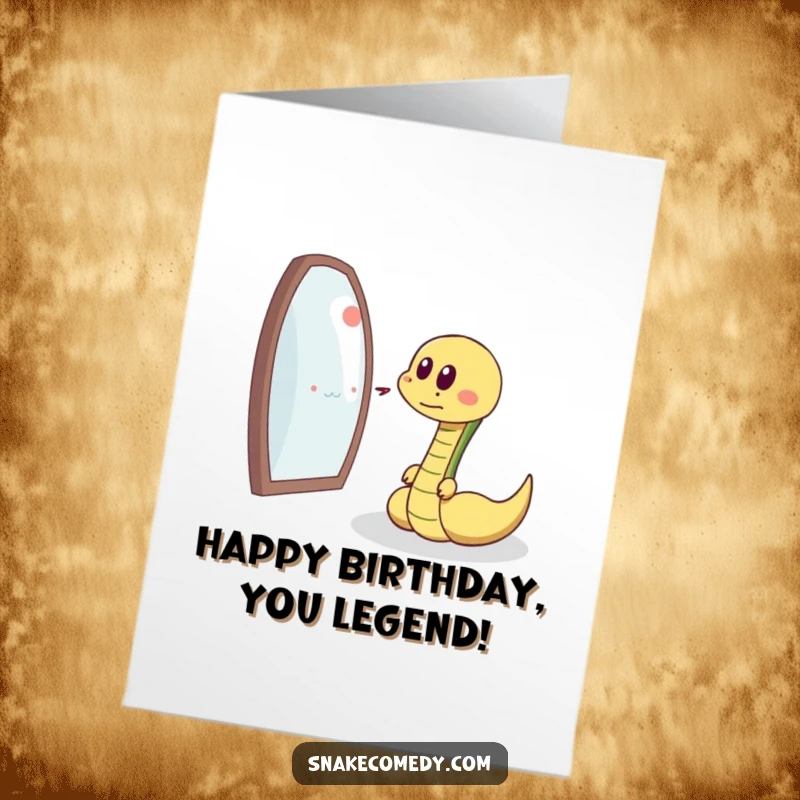 Funny Free Printable Birthday Card featuring a snake with a delighted sigh chasing its own reflection, celebrating with amusement.